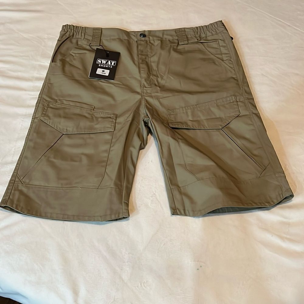 Swat Men’s Khaki Shorts Tactical Elastic Stretch Waist 7 Pockets Knee Length New